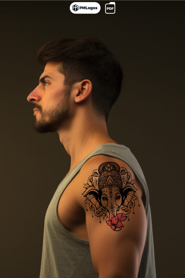 New school Ganesha tattoo on the right upper arm.