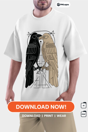 Minimalist Norse mythology T-shirt design featuring Odin's crows Huginn and Muninn